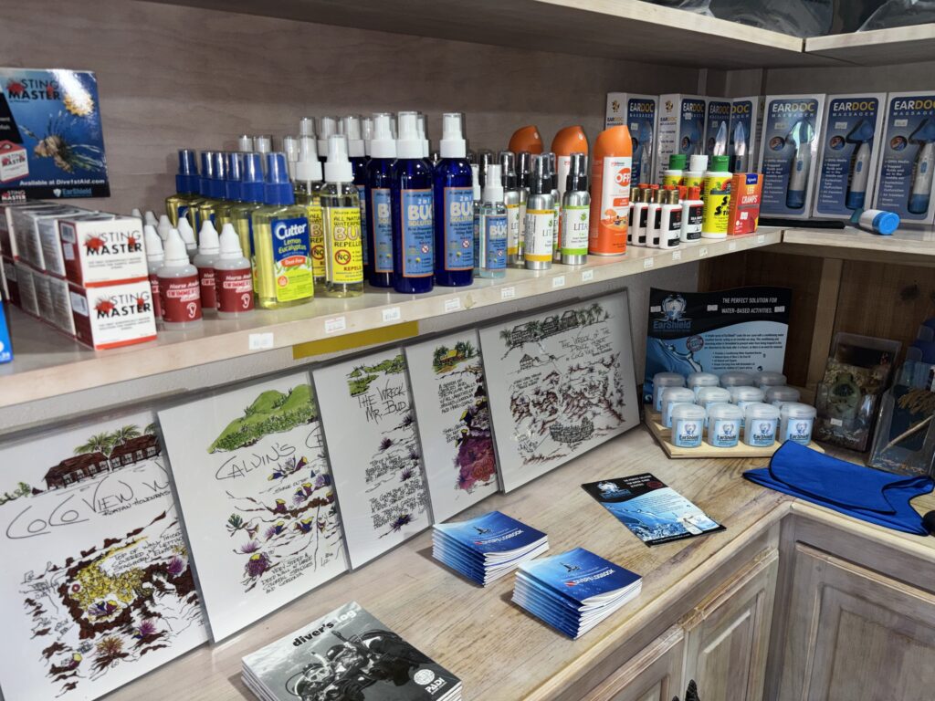 ear drops, bug spray, ear doc, and a wide range of scuba diving accessories.
